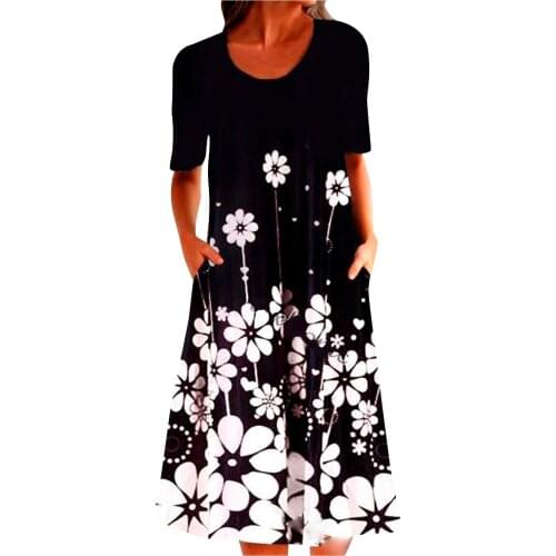 Plus Size Summer Dress Womens Fashion Retro Prints Round-neck Relaxed Short Sleeves Leisure Dress Vestidos Mujer Verano 2021