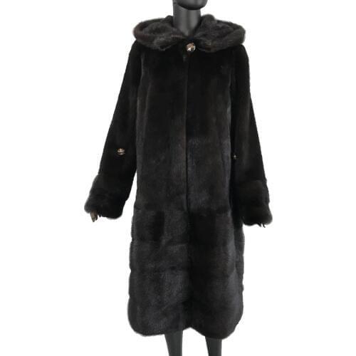 Classical brown coffee Elegant simple classic mink fur coat with hood overlong natural mink fur overcoat bottom striped full