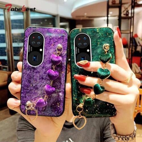 Luxury Love bracelet Case For Huawei P50 P40 P30 P20 Lite Pro Coque Gold Foil Chain Wrist Strap Cover