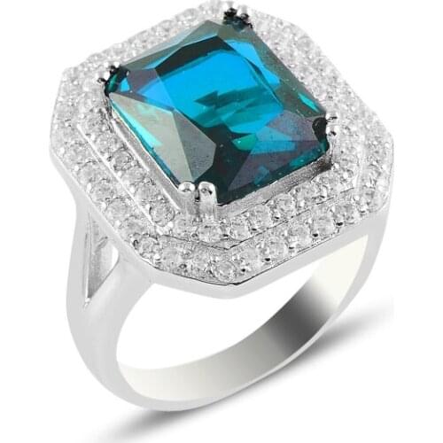 Silver 925 Sterling Aquamarine Zircon Engagement Ring