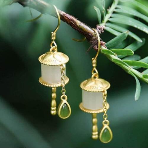 Natural Hetian Jade Prayer Wheel Earrings S925 Sterling Silver Tassel Jasper Earrings Earrings Ward off Evil and Stay Safe