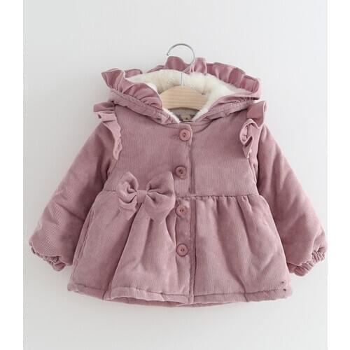 Cute Kids Toddler Baby Girl Bow Long Sleeve Solid Color Coat Winter Warm Thicken Corduroy Hooded Outwear Jacket for Little Girls