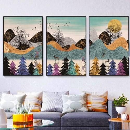 Nordic Golden Tree and Mountain Canvas Painting Posters and Print Unique Decor Wall Art Pictures For Living Room Bedroom Aisle