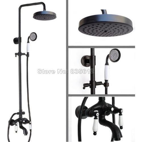 Bathroom Wall Mounted Luxury Black Oil Rubbed Bronze Rain Shower Faucet Set with Dual Ceramic Handles Bathtub Mixer Taps Wrs402