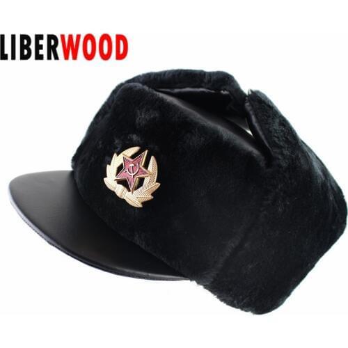 Soviet and Russia CCCP Soviet Star Russian National Emblem Winter Hat Outdoor Ear Flaps PU leather Bomber Cap USSR Earmuffs Cap