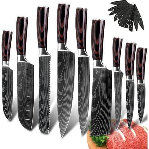 XYj Japanese Damascus Veins Knives 7cr17 Stainless Steel Kitchen Knives Gift Cover Sheath Paring Utility Santoku Chef Slicer