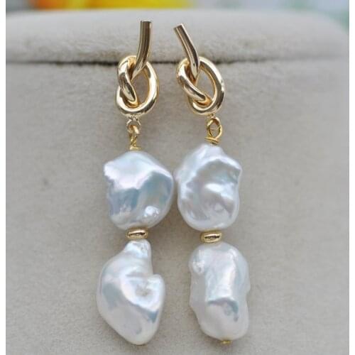 Z10803 2line 13mm White Baroque Keshi Pearl Dangle Earring CZ