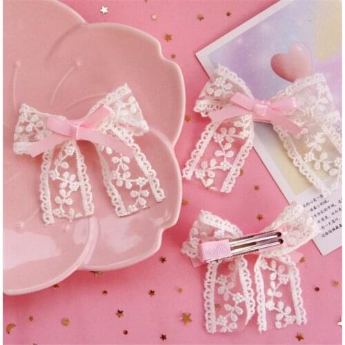Girl Pink Bowknot Hair Clip Lolita Womens Kawaii Lace Hair Pin Headwear Cosplay Side Clip D621