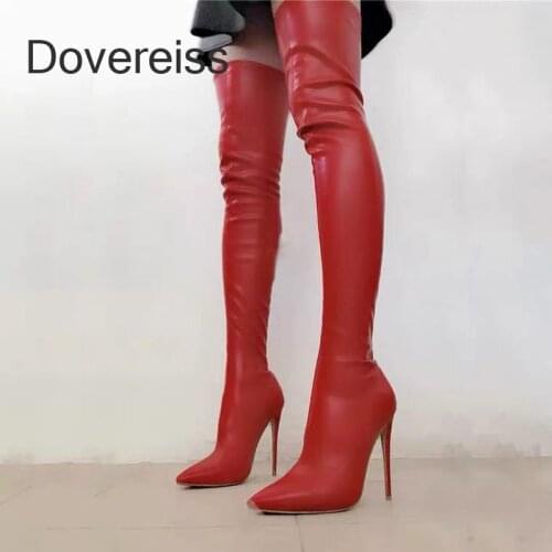 Dovereiss Fashion Womens Shoes Winter Concise Slip on Pure Color Red Apricot Pointed toe New Sexy Over The Knee Boots 34-45