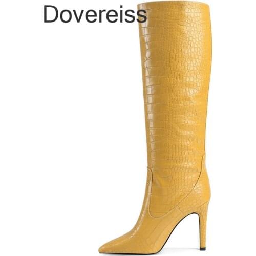 Dovereiss Winter New Fashion Sexy Pointed Toe Clear Heels Boots Blue Yellow Brown Chunky Heels Knee High Boots 41 42 43