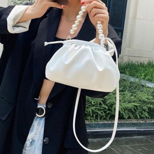 Women Crossbody Bags Pearl Portable Shoulder Bag White Fold Small Bag Shoulder Bag PU Leather Drawstring Handbag