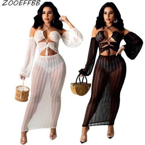 ZOOEFFBB Mesh Sheer Bodycon Maxi Dress Long Sleeve Halter Fall Hollow Outfits for Women Birthday Sexy Party Y2k Lace Up Dresses