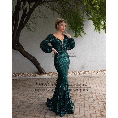 Green Muslim Evening Dresses Long 2020 V-Neck Full Sleeves Sexy Backless Formal Mermaid Evening Gowns Vestido De Festa Longo