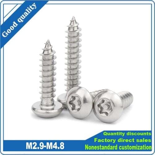 20pcs M2.9 M3.5 M3.9 M4.2 M4.8 304 A2-70 Stainless Steel Six Lobe Torx Pan Round Head with Pin Security Self-tapping Wood Screws