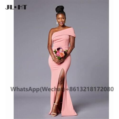 2021 African One Shoulder Mermaid Bridesmaid Dresses Long Slit Elastic Satin Wedding Party Bridesmaid Dress for Black Womens