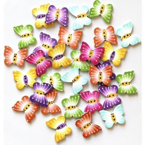 50pcs Assorted Butterfly Wood Buttons 21x25mm Sewing 2 Holes DIY Crafts Button For Scrapbooking Cardmaking Topper