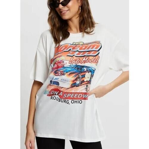 White Letter Car Print Oversized Graphic T Shirts Women Streetwear Short Sleeve O Neck Summer Plus Size Fashion Harajuku Tops