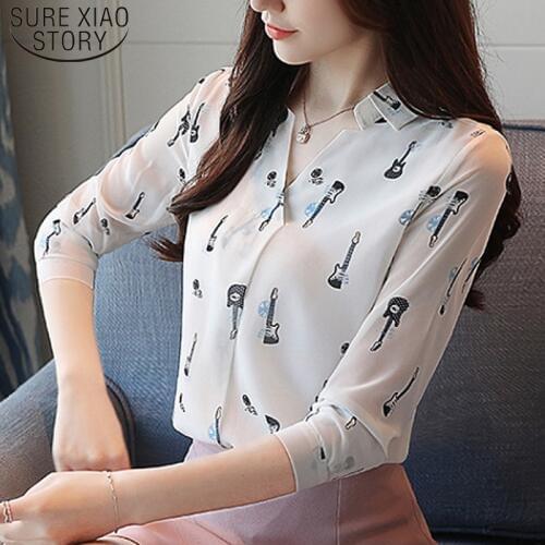 New Fashion Full Woman Blouses Print Chiffon Long Sleeve Women Shirts Plus Size Blouse Women Tops Office Ladies Tops 5111 50