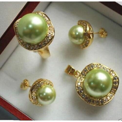 Elegant 10mm &14mm Green South Sea Shell Pearl NEW Earrings Pendant Ring Set AAA style Fine Noble real Natural
