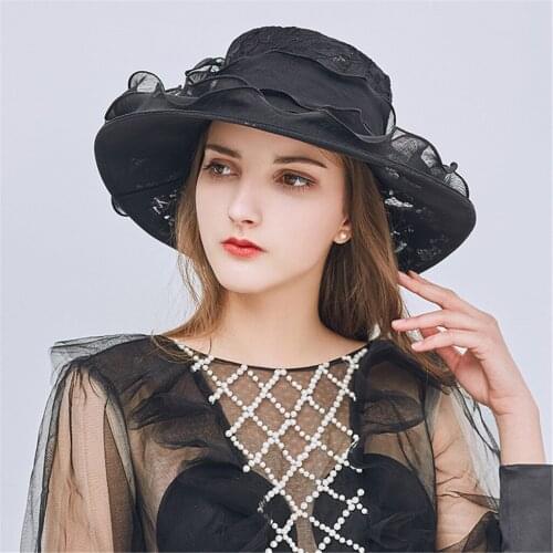 Womens Summer Solid Lace Sun Caps Ladies Church Wide Brim Tea Party Wedding Hat Fancy Derby Fascinator Cap Chapeau Femme #G1