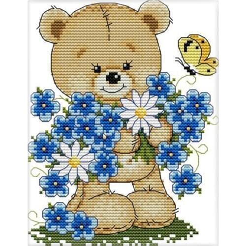 Blesiya Dimensions Counted Cross Stitch Kit Bear Flower Printed Needlecrafts
