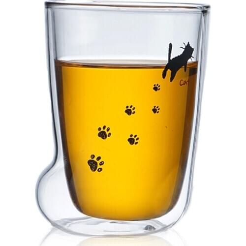 Creative Cat Leg Double Glass Coffee Mug Cute Cat Breakfast Milk Cups Children Juice Glass Heat Insulation and Anti-scalding