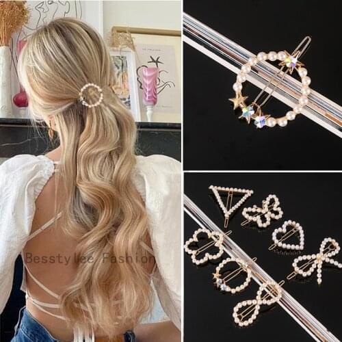 Fashion Handmade Pearls Hair Clips Pin Elegant Geometric Round Barrette Women Girls Sweet Hairpins Barrettes Hair Accessories