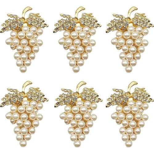 Grapes Napkin Rings Set of 6, with Glittering Imitation Diamond and Pearls Inlay Alloy Napkin Ring Holder