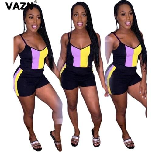 VAZN 2020 New Arrival High Street Patchwork Soft Elastic Young Sexy Tracksuits Strapless Top Short Pants Slim Women 2 Piece Se