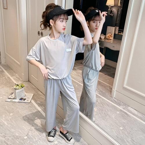Teen Girls Clothing Ice Silk Loose Tops + Pants 2PCS Costumes For Girls O-Neck Cool Summer Childrens Tracksuit 6 8 10 12 14Yrs