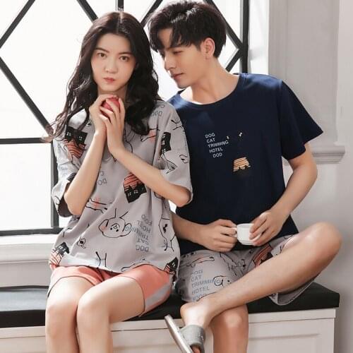 Couple Summer Pajamas Set Men Plus Size Short Sleeve Cotton Home Wear Funny Cartoon Animal Print Korean Kawaii Womens Sleepwear