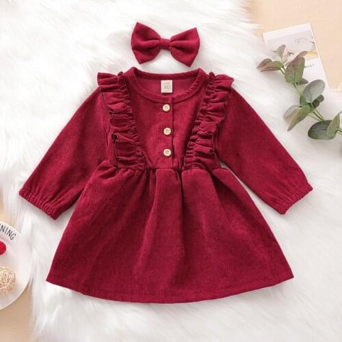 Toddler Baby Girl Princess Dress Long Sleeve Round Collar Ruffle Corduroy Dress Buttons Pleated Fall Dress with Headband 6m-5Y
