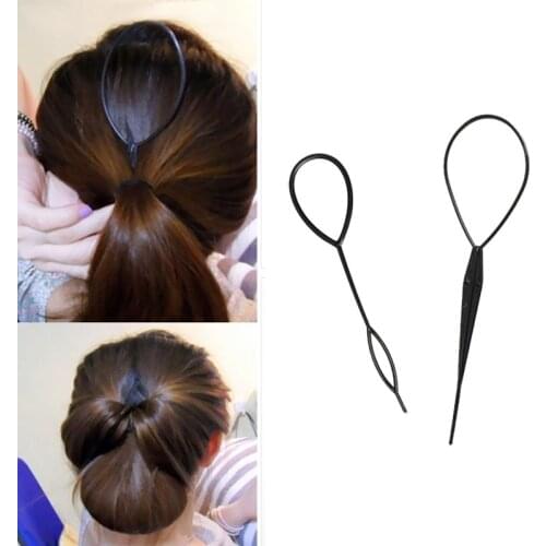 Popular 2 Pcs Ponytail Creator Plastic Loop Styling Tools Black Topsy Pony Topsy Tail Clip Hair Braid Maker Styling Tool Fashion