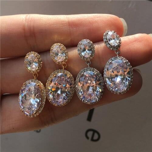 Luxury Female Crystal Big Oval Earrings Silver Color Stud Earrings Vintage Zircon Stone Wedding Earrings For Women