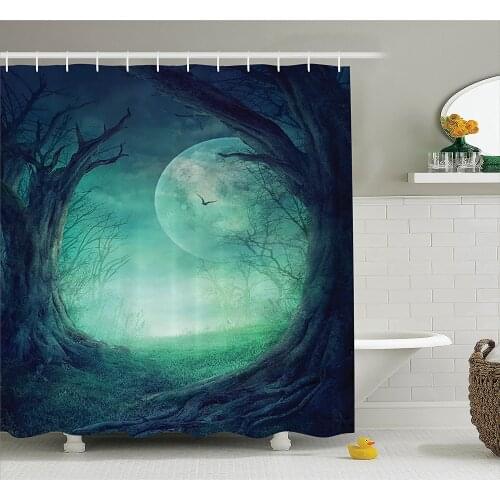 Fairy Shower Curtain Gothic Decor Misty Horror Illustration of Autumn Valley with Woods Spooky Tree and Full Moon Bath Curtains