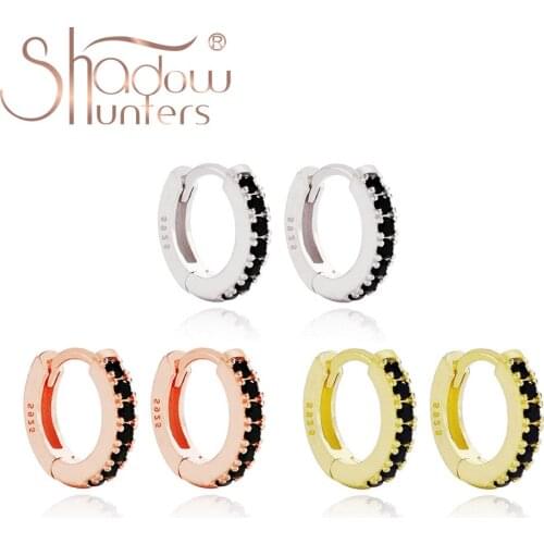 SHADOWHUNTERS Real 925 Sterling Silver Huggies Hoop Earrings With Black Zircon CZ For Women Statement Jewelry Dainty Mini Hoops