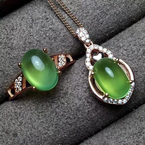 Natural and Real Prehnite jewelry set 925 sterling silver 1pc pendant,1pc ring