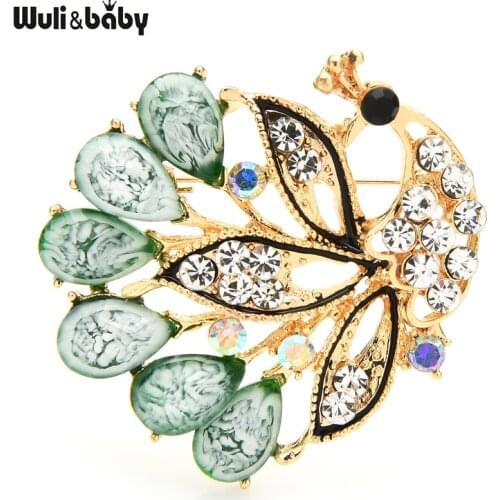Wuli&baby Green Tail Peacock Brooches For Women Cute Bird Party Office Brooch Pins Gifts