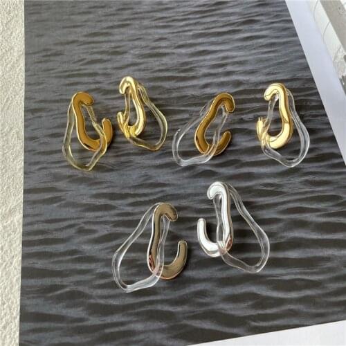 AOMU Retro Fashion Acrylic Resin Geometric Irregular Double Layer Gold Silver Color Curved Smooth Metal Hoop Earrings for Women