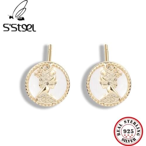 SSTEEL Korean Earrings For Women 925 Sterling Silver Stud Earring White Shell Personalized Portrait Gold Earings Fine Jewellery