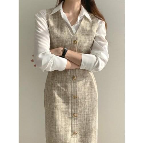 Women Two Piece Outfits 2020 Autumn Fashion Shirt And Sleeveless Dresses Suits Korean Ladies V-Neck Single Breasted Vest Dress