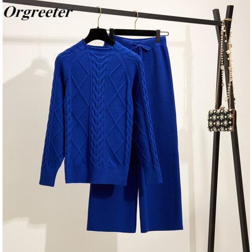 Autumn Winter Twist Sweater Suit Female 2019 Trend Fashion Solid Knitted Pullover Tops and Wide leg Pants 2 Piece Set