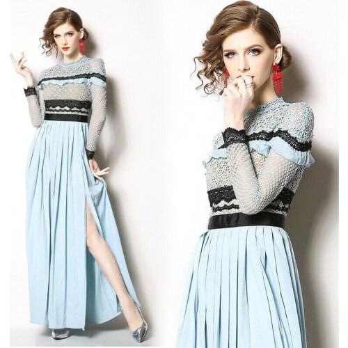 2019 autumn womens fashion temperament lace hollow out matching pleated Dress TT-068