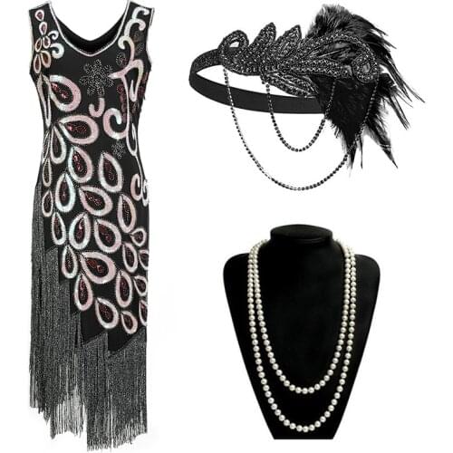 Womens 1920s Gatsby Flapper Fringe Dress V Neck Beaded Sequin Dress (Pink/black/red/apricot) S-XXL