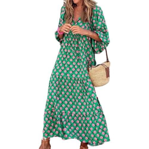 Loose Ankle-length Dress Women Elegant 2021 Casual V Neck Half Sleeve Floral Print Drawstring Dress Women Accessory vestidos