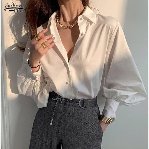 2021 Spring Fashion Women Blouse and Tops Office Lady Solid Lantern Sleeve Cotton Blouse Women Turn Down Collar Female Clothing