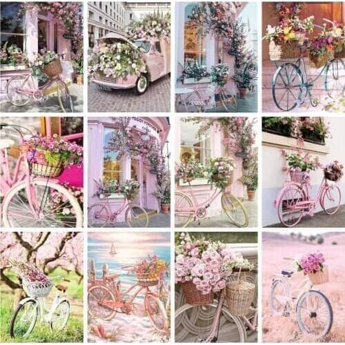 5D DIY Round Full Diamond Embroidery Bicycle Flower Cross Stitch Mosaic Landscape Diamond Painting Full Square Home Decoration