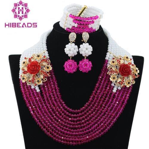 White Fuchsia Pink African Beads Jewelry Set Nigerian Wedding Crystal Bridal Necklace Bracelet Earrings Set Free Shipping WB762