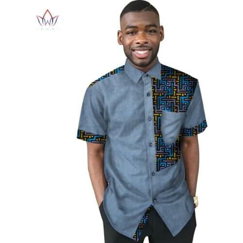 Autumn African Clothes for Men 2020 Denim & Print Fabric Pachwork Men Shirt Dashiki Short sleeve Men Shirt BRW WYN357