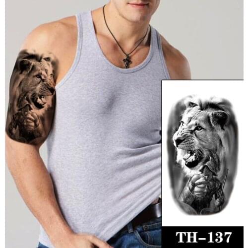 Large Arm Half Sleeve Tattoo Black Lion King Waterproof Temporary Fake Tatoo Sticker Soldier Shield Weapon Mask Men Women Tatto